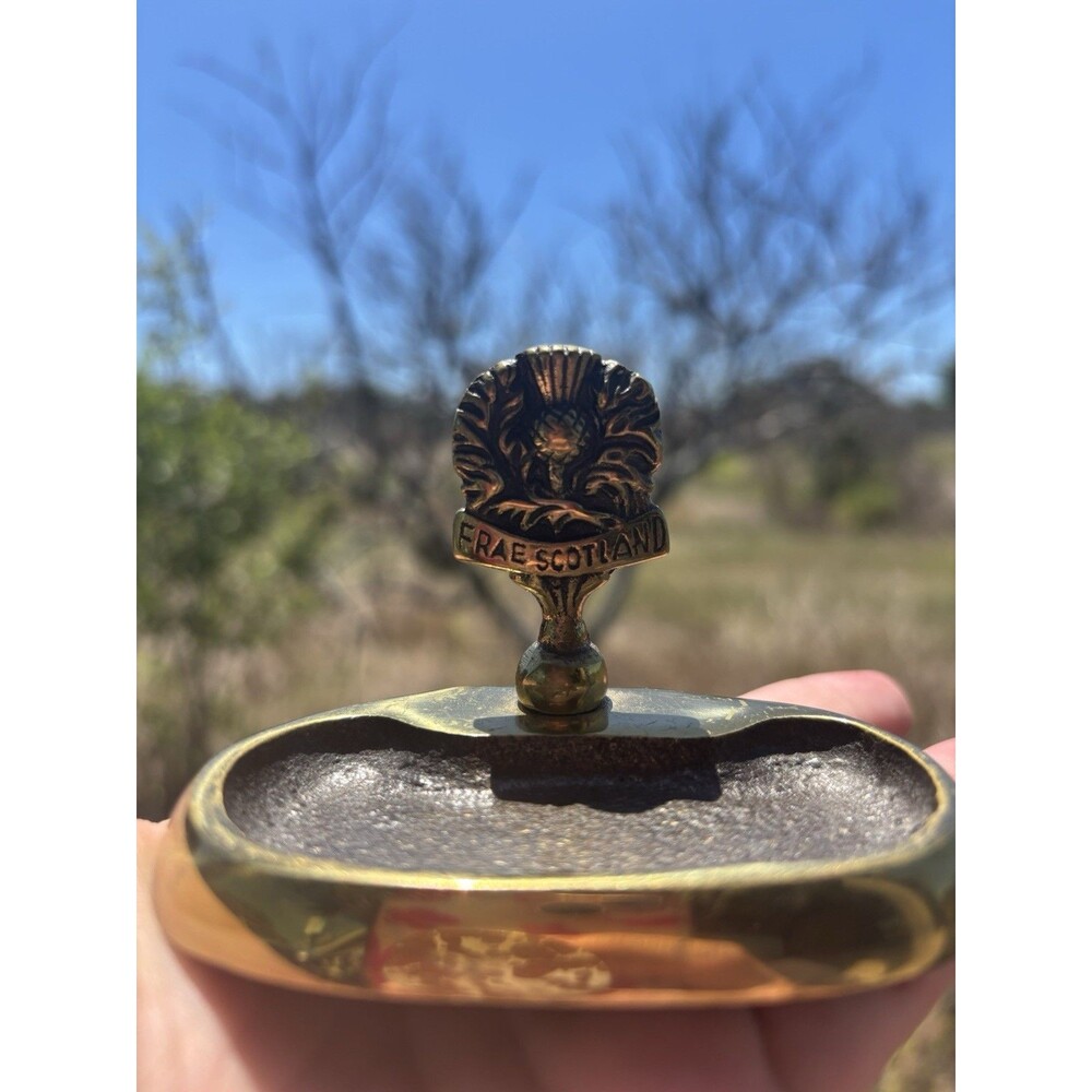 Brass Scottish Motif Car Ashtray with Thistle Emblem Collectible Scotland Decor